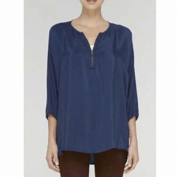 Vince 100% silk zip front 3/4 sleeve blouse top marine blue XS - Picture 1 of 12